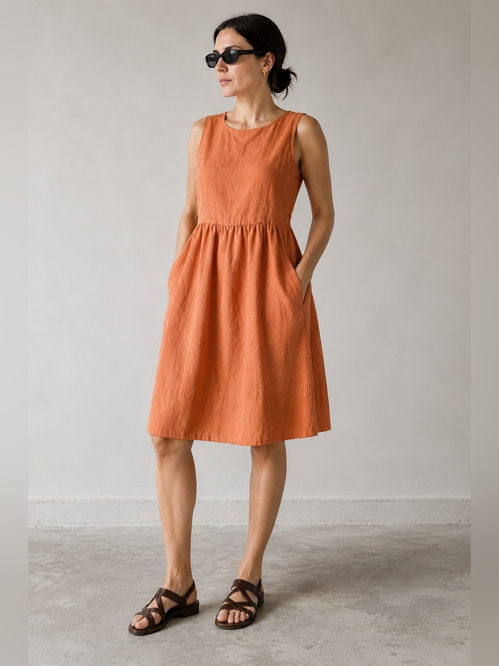 Weekend Max Mara Linen Dress Sleeveless Rust Orange Pockets Minimalistic M/L